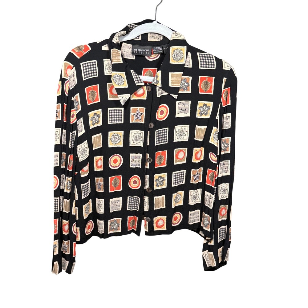 Liz Claiborne Vintage Geometric Print Rayon Button Down Shirt - Picture 2 of 6